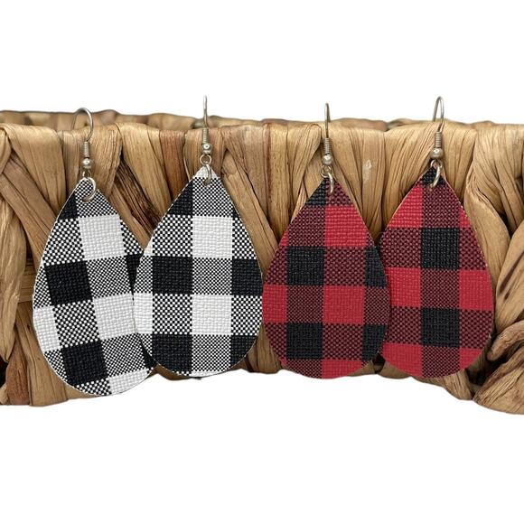 Faux Leather Teardrop Earrings Buffalo Plaid Red & Black and Black & White - Picture 1 of 6